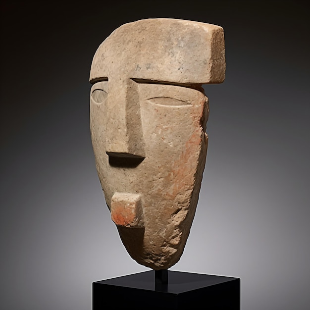 Máscara esculpida em pedra calcária com base retangular