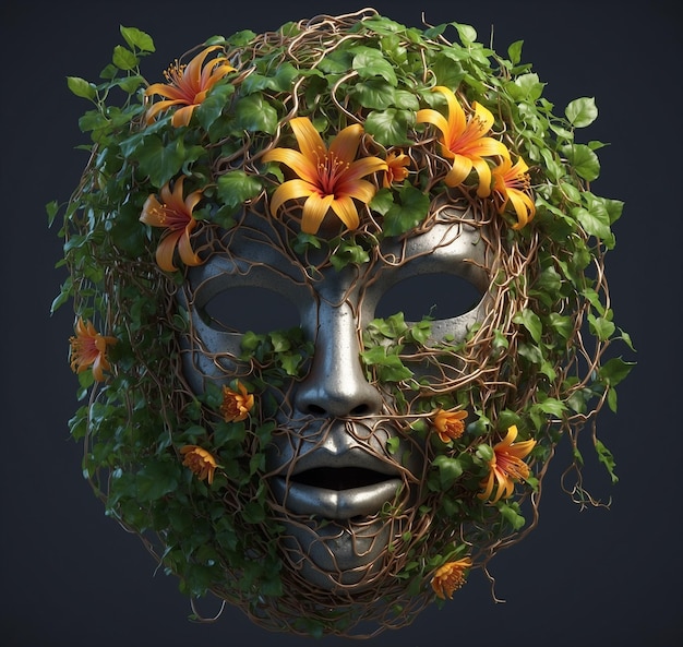 una máscara con un fondo verde y flores rojas