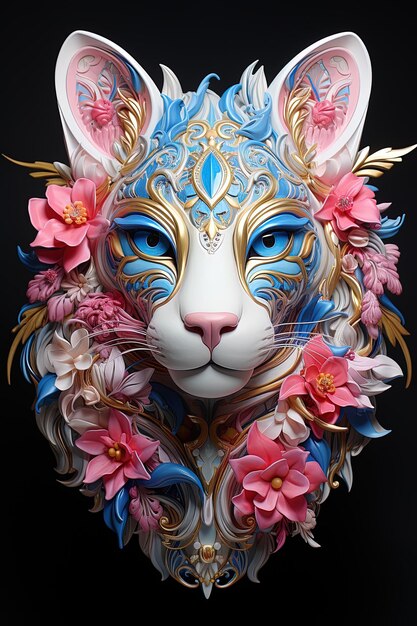 una máscara de gato con una cara azul y una flor rosa en ella
