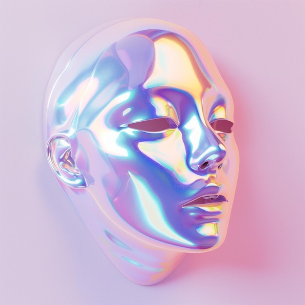 Foto máscara holográfica futurista conceito de design gráfico abstrato máscara feminina de cromo para a mascarada em estilo holográfico líquido pastel brilhante iridescente em fundo rosa