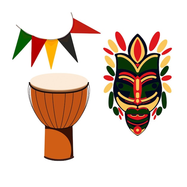 Foto máscara de madera tambor africano y banderas en kwanzaa ilustración en un fondo blanco dibujado a mano