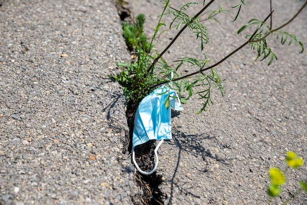 Máscara médica azul en una grieta de asfalto con plantas y tallos verdes Concepto de contaminación ecológica y reciclaje