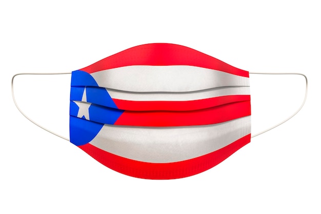 Máscara médica con representación 3D de la bandera puertorriqueña aislada sobre un fondo blanco