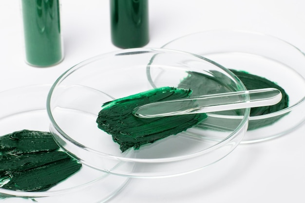 Máscara o crema de espirulina en una placa de Petri Espátula cosmética Polvo de espirulina en un frasco Aceite o solución de espirulina Sobre un fondo blanco