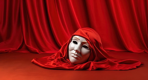 una máscara de ópera está encima de un paño rojo al estilo del surrealismo fotorrealista