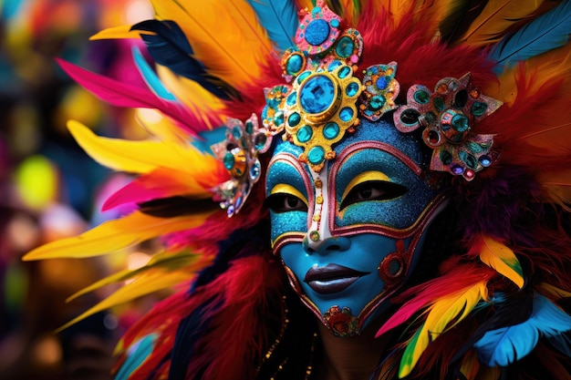 Máscara de plumas coloridas para un aspecto vibrante y festivo Una danza salvaje de colores que representa la vitalidad de un carnaval generado por IA