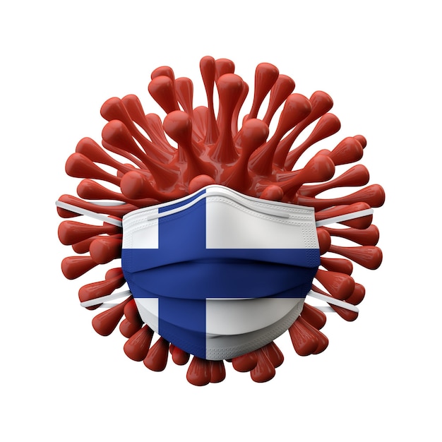 Máscara protetora de bandeira da Finlândia em uma renderização de bactérias de vírus
