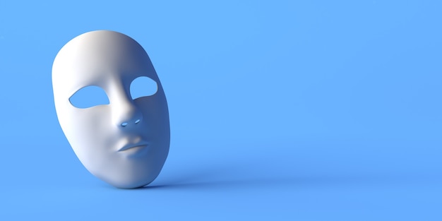 Máscara de teatro inexpresiva sobre fondo azul. Copie el espacio. Ilustración 3D.