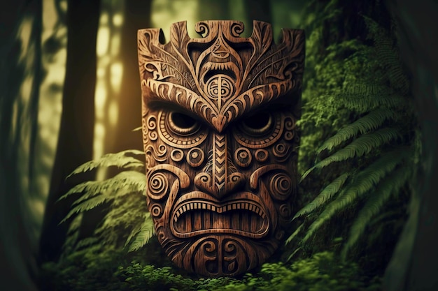 Máscara tiki de arte popular indio hecha de madera sobre fondo borroso de hojas