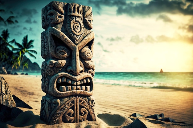Máscara tiki de totens de madeira havaiana na beira-mar