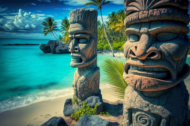 Máscara tiki de ídolos de piedra antigua en la playa en una isla exótica