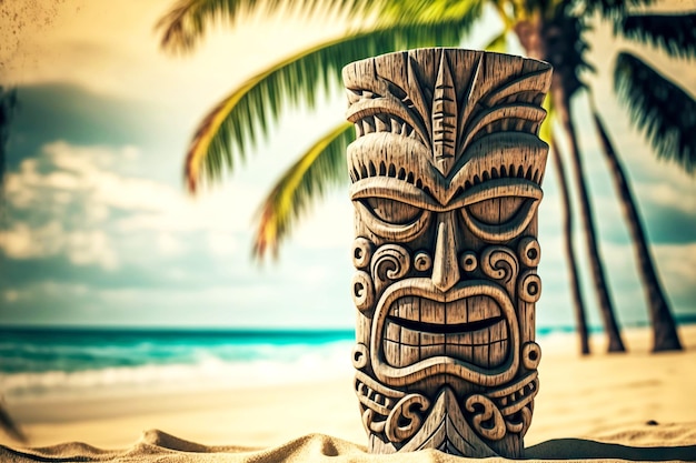 Máscara tiki de tótem hawaiano hecha de madera en la playa bajo una palmera