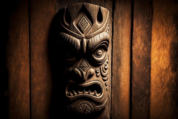 Foto máscara tiki totem hecha de madera colgada en la pared en la cabaña