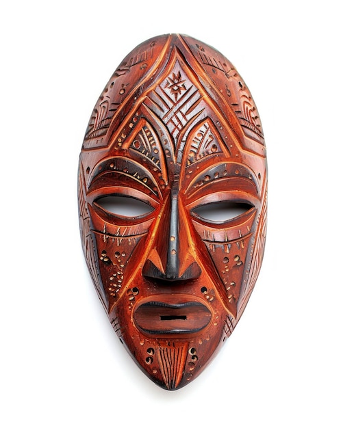 Máscara tradicional africana con intrincados detalles de colores sobre un fondo blanco