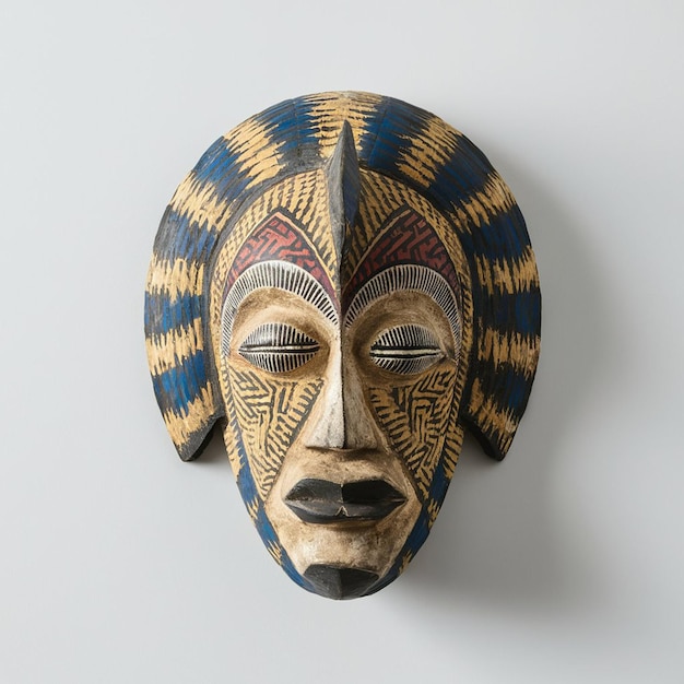 Máscara tribal africana hecha a mano con colores vibrantes aislados sobre un fondo blanco