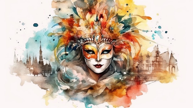 Máscara veneciana de carnaval com penas desenho colorido realista ilustração a aquarela