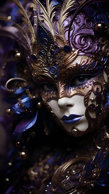 Máscara veneciana de mascarada dorada adornada con ricos diseños decorativos