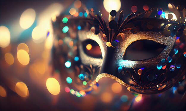 Máscara veneziana com luzes bokeh desfocadas abstratas e flâmulas brilhantes para festa de carnaval disfarce conceito de disfarce bokeh desfocado ai generativo