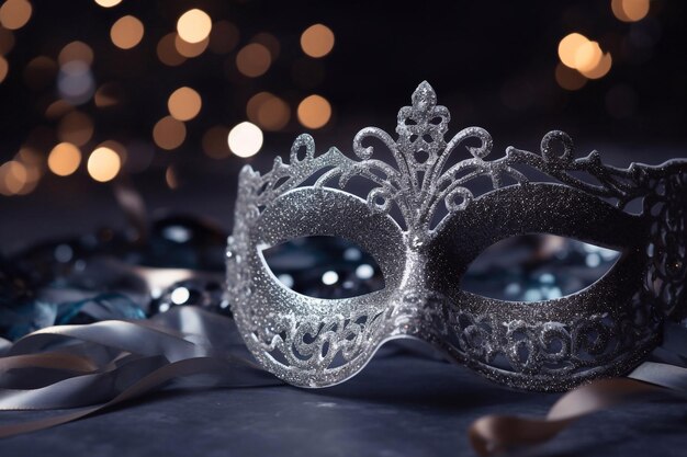 Máscara veneziana de luxo em fundo de bokeh prateado escuro Véspera de Ano Novo e festa de Natal