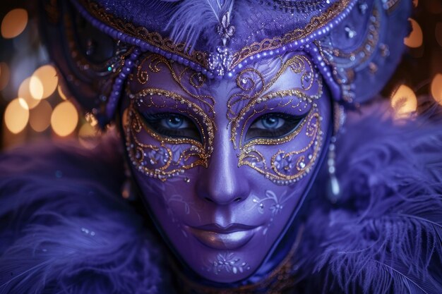 Mascarada mística veneziana máscara azul e dourada elegante com penas