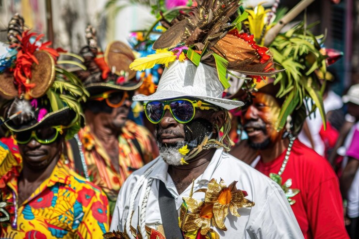 Foto mascarados desfrutam da apresentação do carnaval de harts em porto de espanha