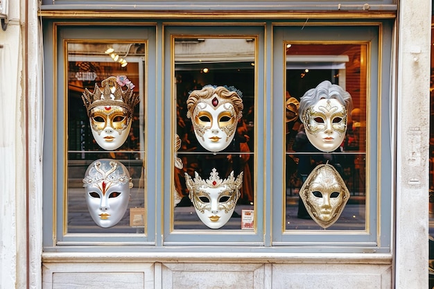 Máscaras de carnaval coloridas expuestas en un escaparate en el centro de Venecia para el carnaval tradicional