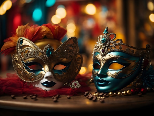 Foto máscaras de carnaval en el fondo del carnaval celebración de purim mardi gras mascarada y confeti