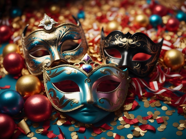 máscaras de carnaval en el fondo del carnaval celebración de purim mardi gras mascarada y confeti