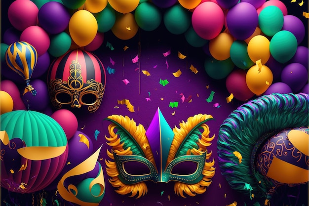 Máscaras de carnaval sobre un fondo morado Ilustración multicolor de Mardi Gras Ilustración 3D AI generativa