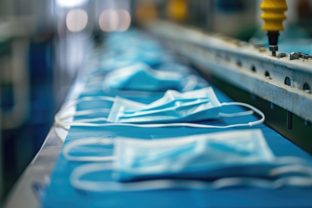 Foto máscaras cirúrgicas azuis na linha de produção na fábrica