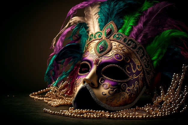Máscaras de carnaval veneziano e decoração de miçangas Mardi gras background IA generativa