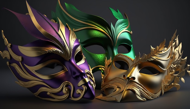 Máscaras de mardi gras roxo verde e douradoLindo com design para o carnaval do Brasil Feliz Carnaval Brasil América do Sul Carnaval AI