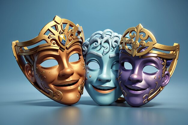 Máscaras de teatro 3D para tragédia, drama e comédia Ícone de bilhete de cinema pronto para assistir filme em teatro Mídia filme para serviço de entretenimento Ícone de cinema 3D vetor render ilustração