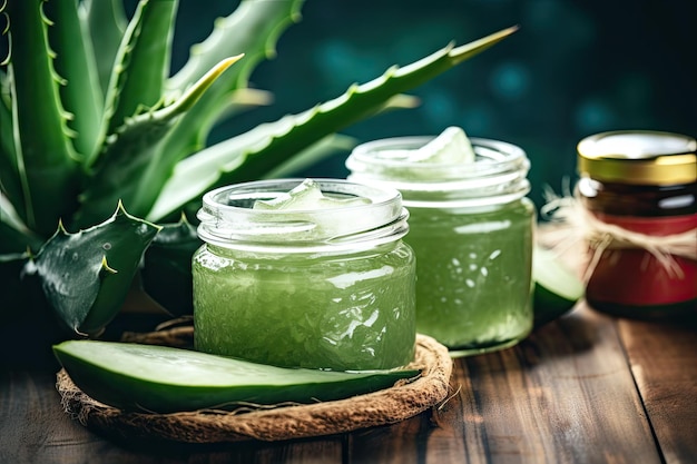 Máscaras faciais naturais com aloe e sal marinho para cuidados com a pele com plantas verdes frescas e área vazia para te