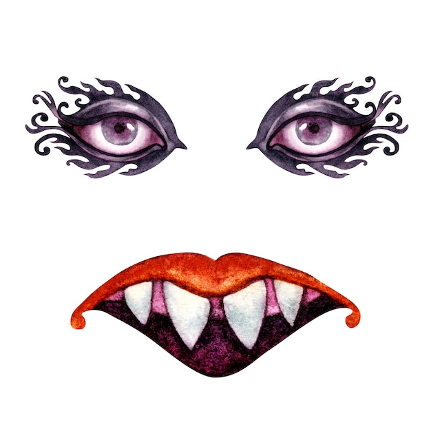 Foto máscaras de fantasía de halloween de monstruo acuarela con ojos y labios elementos aislados sobre fondo blanco