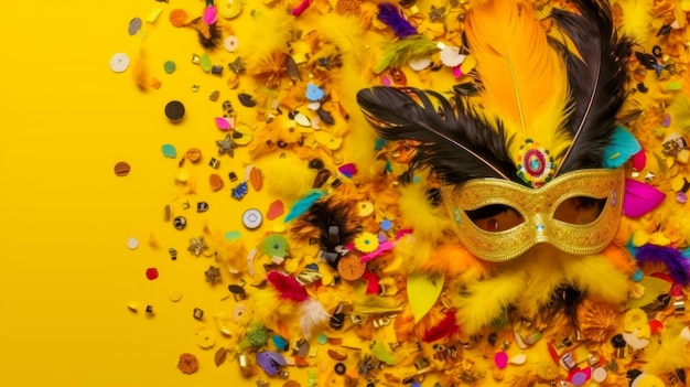 Máscaras festivas de carnaval veneciano con plumas y cuentas sobre fondo amarillo