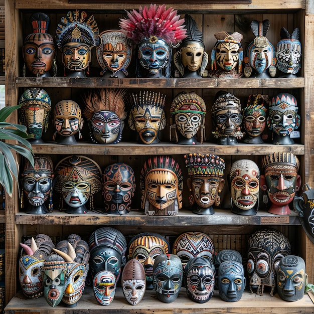 máscaras de madera coloridas en una mesa de madera