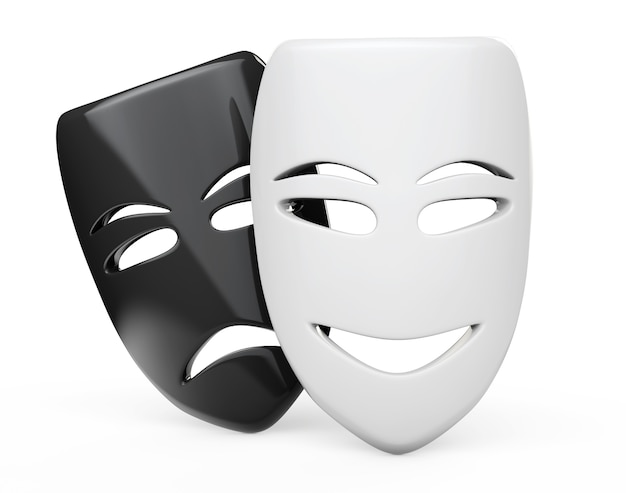 Máscaras de teatro tragicómico. Máscaras de tristeza y sonrisa sobre un fondo blanco.