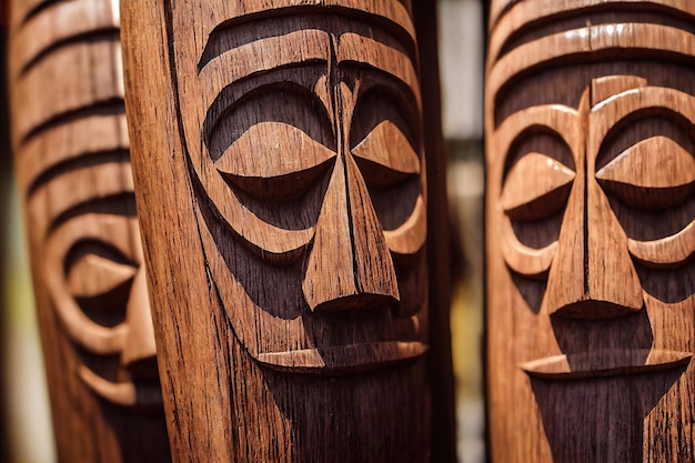 Máscaras tiki de madeira em estilo africano retratando ídolos