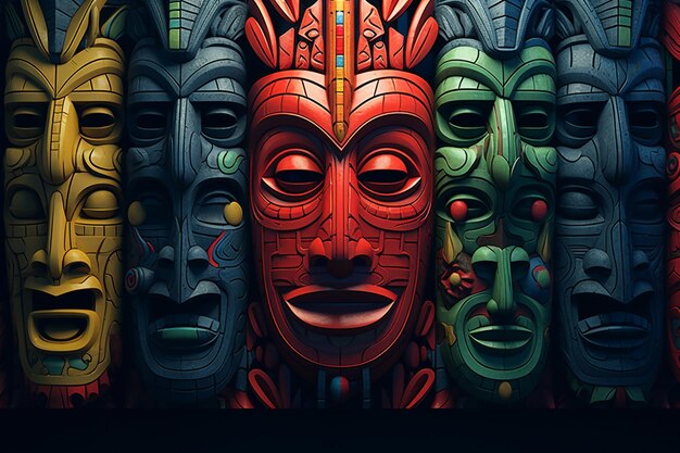 Foto máscaras tribais vibrantes e totens criando uma imersão 00747 02