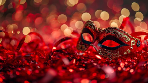 Foto máscaras venezianas em brilho vermelho flâmulas brilhantes em luzes bokeh desfocadas abstratas