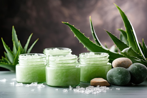 Mascarillas faciales naturales con aloe y sal marina para el cuidado de la piel con plantas verdes frescas y área vacía para te