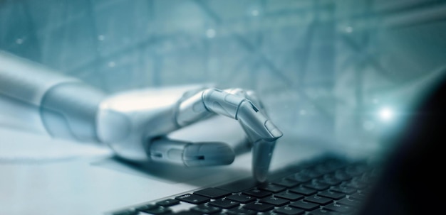 Maschinelles Lernen Roboterhand, die Binärdaten berührt Futuristische künstliche Intelligenz