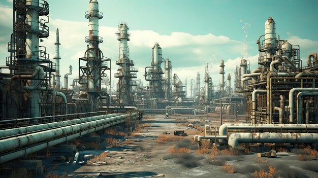 Maschinen und miteinander verbundene Pipelines in einer Ölraffinerie. Produktionsbetriebe, Erdölverarbeitung, Raffinerieausrüstung, Pipeline-Netzwerk, Kraftstoffproduktion. Generiert durch KI