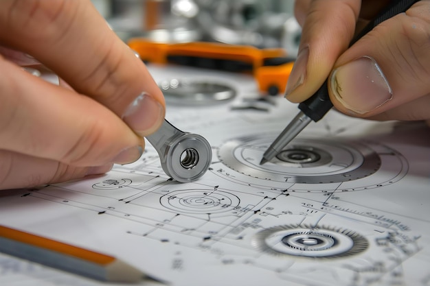 Maschinenbautechniker Zeichnung von Teilen und Messlagern mit Kaliberwerkzeugen in einer Fertigungsfabrik Konzept Maschinenbau Zeichnungen von Teilen Lager