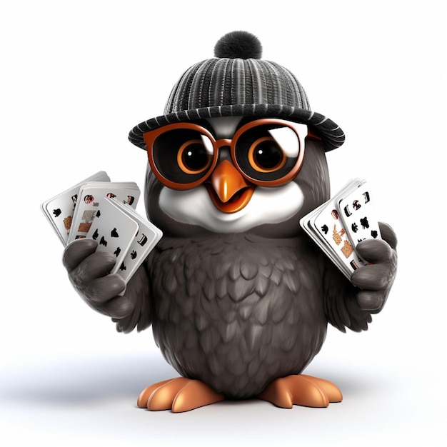 Foto mascota en 3d avatar bufón lindo espía inteligente desvelando secretos silencioso astuto sosteniendo cartas de casino