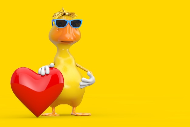 Mascota amarilla linda del carácter de la persona del pato de la historieta con el corazón rojo en un fondo amarillo. Representación 3D