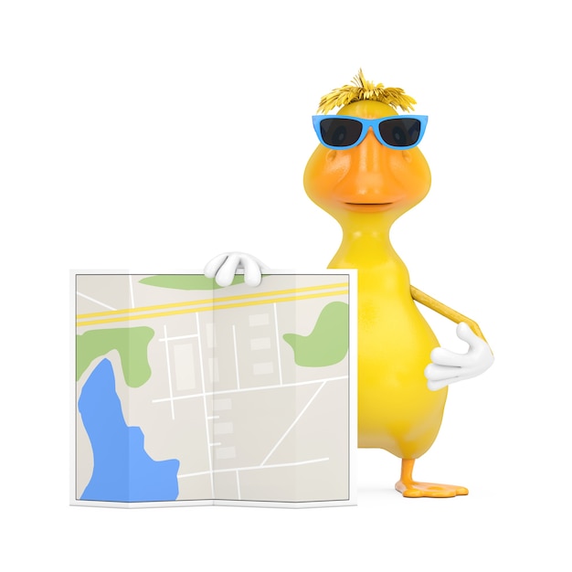 Mascota amarilla linda del carácter de la persona del pato de la historieta con el mapa abstracto del plan de la ciudad en un fondo blanco. Representación 3D