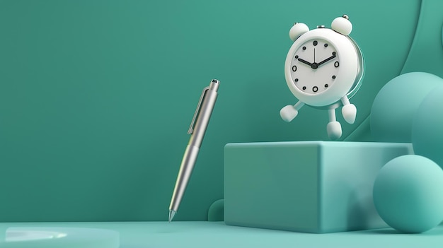 La mascota del bolígrafo y el reloj con fondo 3D del podio