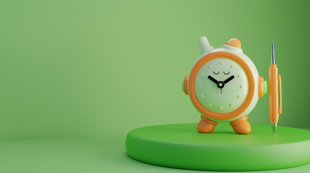 La mascota del bolígrafo y el reloj con fondo 3D del podio
